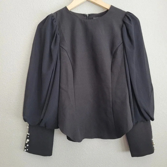 Gracia Women's Blouse Top Size S Black Polyester Beaded Puff Sleeves Round Neck - Picture 1 of 8